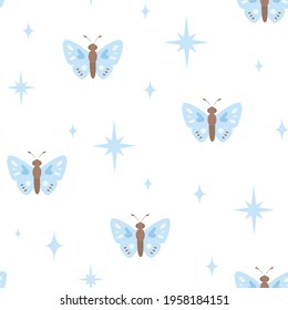Seamless pattern with flying butterflies in the sky with stars. Cute texture for fabric, wrapping, textile, wallpaper, apparel.
