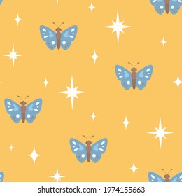 Seamless pattern with flying butterflies in the sky with stars. Cute texture for fabric, wrapping, textile, wallpaper, apparel.