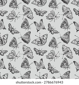Seamless pattern with flying butterflies. Summer textiles, wallpaper, stationery, or elegant gift wrap. Hand-drawn vector sketch illustration in a classic crayon and charcoal style