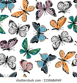 Seamless pattern with flying butterflies of various colors and different positions.Summer background and texture for printing on fabric and paper.Vector hand drawn isolated illustration .
