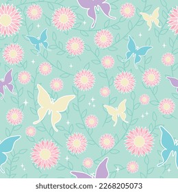 Seamless pattern of flying butterflies. Vector illustration in vintage style on white background. pattern for wallpaper, background, surface, fabric, print, cover, banner and invitation.