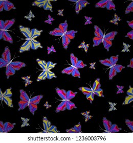 Seamless pattern with Flying Butterflies in Watercolor Style. Beauty in Nature. Vector illustration. Illustration on black, purple and blue colors. Background for Fabric, Textile, Print and Invitation