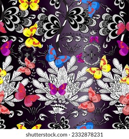 Seamless pattern with Flying Butterflies in Watercolor Style. Beauty in Nature. Illustration on pleasant colors. Background for Fabric, Textile, Print and Invitation. vector illustration. Lilac Dark  