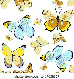 Seamless pattern with flying butterflies yellow blue orange ,Design for fashion, fabric,wrapping,wallpaper,textile and white background