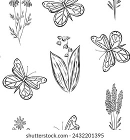 Seamless pattern of flying butterfly and wild flowers in hand drawn sketch style
