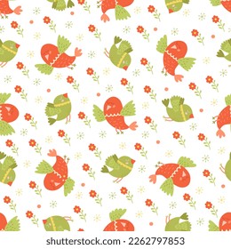 Seamless pattern.  Flying cartoon red and green birds on white background. For kids and children