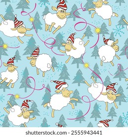 Seamless pattern of flying cartoon sheep in festive holiday hats. Ideal for digital uses like holiday cards, fabric designs, gift wrap, or seasonal projects.