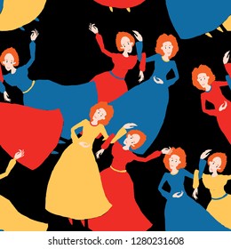 Seamless pattern of flying cartoon witches
