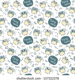 Seamless pattern with flying cats on  Light background. Cute vector animals for children design.
