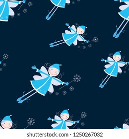 Seamless pattern of flying cheerful elves
