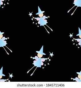 Seamless pattern of flying cheerful elves girls