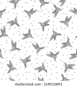 Seamless pattern with flying colibri and polca dots. Hummingbird in embroidery style. Vector illustration.