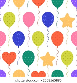 Seamless pattern with flying colorful balloons with different prints on white background. Birthday, anniversary celebration. Vector flat illustration for wallpaper, textile, packaging