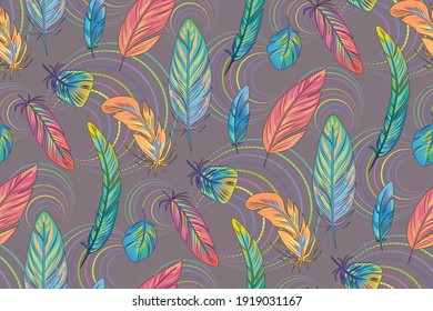 A seamless pattern of flying colorful bright feathers. Plumage of exotic birds of paradise. The set of elements is drawn manually