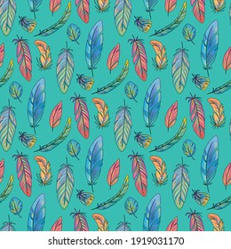 A seamless pattern of flying colorful bright feathers. Plumage of exotic birds of paradise. The set of elements is drawn manually