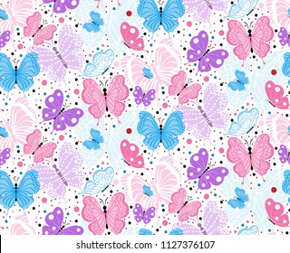 Seamless pattern with flying colorful butterflies blue, pink and purple colors. Hand drawn texture design good for wallpaper, gift paper, web page background, spring and summer greeting cards. Vector 