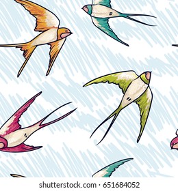 Seamless pattern with flying colorful swallows, sketch style, vector illustration
