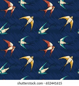 Seamless pattern with flying colorful swallows on deep blue sky, sketch style, vector illustration