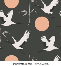 seamless pattern with flying crane birds and bamboo stems