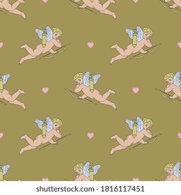 
Seamless pattern with flying Cupids or Amurs. Romantic Valentine's Day decor. Baby Eros god of love.