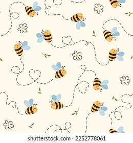 Seamless Pattern with Flying Cute Bee and doodle flower, Cartoon Animals Background, Design for baby clothes, t-shirts, wrapping, fabric, textiles and more