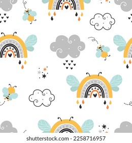 Seamless Pattern with Flying Cute Bee, Rainbow and doodle clouds, Cartoon Animals Background, Design for baby clothes, t-shirts, wrapping, fabric, textiles and more