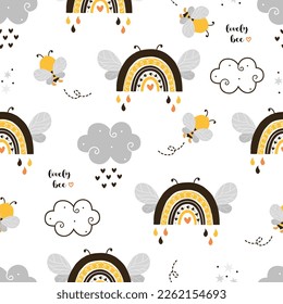 Seamless Pattern with Flying Cute Bee, Rainbow and doodle clouds, Cartoon Animals Background, Design for baby clothes, t-shirts, wrapping, fabric, textiles and more