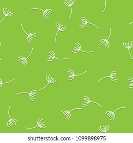 Seamless pattern with flying dandelion seeds or achenes on green background. Botanical flower parts for fabric print, wallpaper, wrapping paper