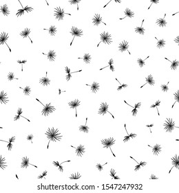Seamless pattern with flying dandelion seeds. Simple texture for fabric, paper, fashion, design. Vector stock illustration. Floral black white background with dandelions. Black silhouette of a flower