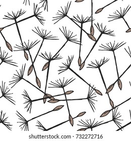 Seamless pattern with flying dandelion seeds or achenes on pappuses drawn on white background. Natural vector illustration with flower parts for backdrop, textile print.