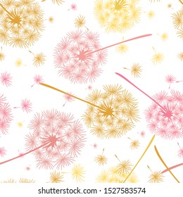 Seamless pattern of flying dandelions in pink and yellow colors. Endless floral texture of delicate flowers. 
Vector illustration of a dandelion.