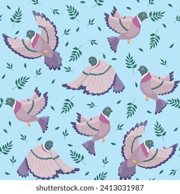 Seamless pattern with flying doves. Urban birds with green leaves. Flying animal in different poses. Funny print for fabric. Decor textile, wrapping paper, wallpaper design. Vector concept