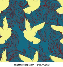 Seamless pattern with flying doves. Yellow vector pigeons on a background of flower ornament.