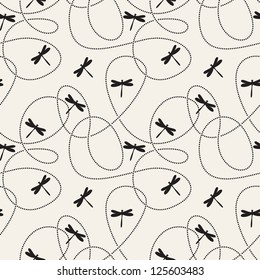 Seamless pattern with flying dragonflies and flight path. Vector stylish background