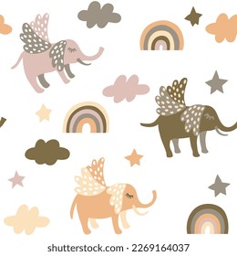 Seamless pattern with flying elephants