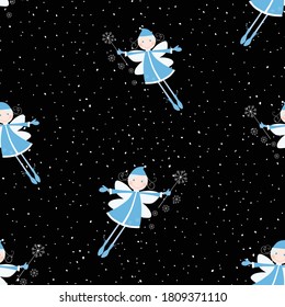 Seamless pattern of flying elves girls during snowfall in christmas eve 