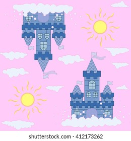 Seamless pattern of flying fairy-tale castle in the clouds. 