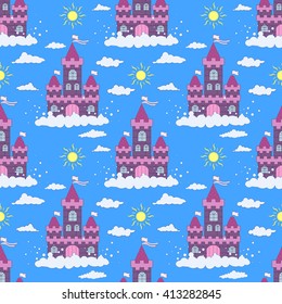 Seamless pattern of flying fairy-tale castle in the clouds. Fairytale castle in the clouds. Vector illustration. Castle in the sky. Flat design castle.