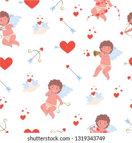 Seamless pattern with flying funny cupids, red hearts, birds in love, bows and arrows. Vector texture in flat style for valentines day and love holidays