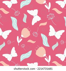 Seamless pattern with flying gentle butterflies and flowers. Vector floral illustration on pink background in vintage. 