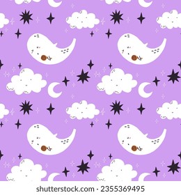 Seamless pattern flying ghost with cloud and star in hand drawn style. Halloween background