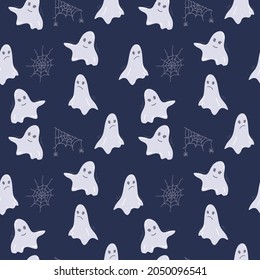 Seamless pattern with flying ghosts and cobweb isolated on dark background. Halloween. For printing wrapping paper, packaging, fabric. Hand Drawn vector illustration.