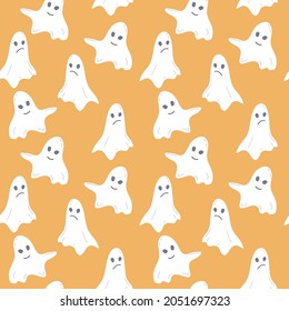 Seamless pattern with flying ghosts isolated on orange background. Halloween. For printing wrapping paper, packaging, fabric. Hand Drawn vector illustration.