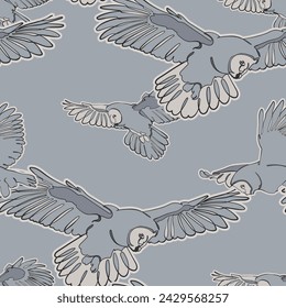 Nahtloses Muster mit fliegenden großen grauen Eulen. Vektorgrafik.