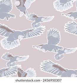 Seamless pattern with flying great grey owls. Vector illustration.