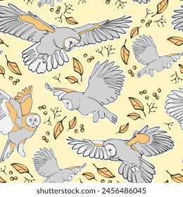 Seamless pattern with flying great grey owls. Vector illustration.