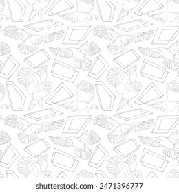Seamless pattern with flying great grey owls. Vector illustration.