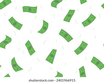 Seamless pattern with a flying green banknotes. Vector illustration