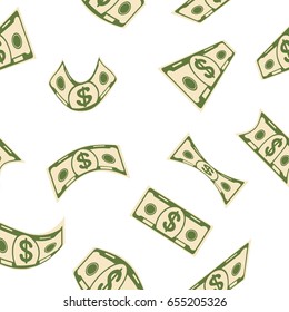 Seamless pattern with flying green color paper bills american dollar on white. Concept of wealth and success, making money in financial business and banks. Flat vector cartoon money illustration.