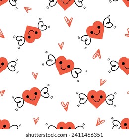 Seamless pattern with flying heart cartoons and hand drawn heart on white background vector. 